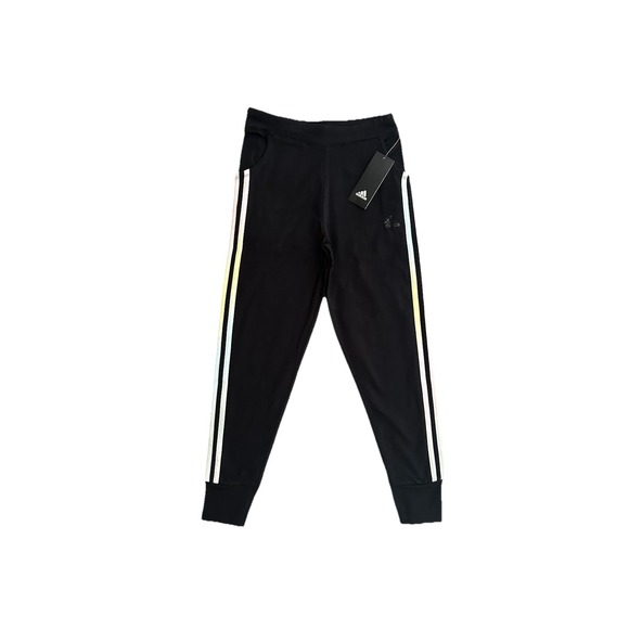 Adidas Girls Slim Jogger Pants M 10-12 Black Multi Stretch Cuffed Bottoms NWT - Picture 1 of 6